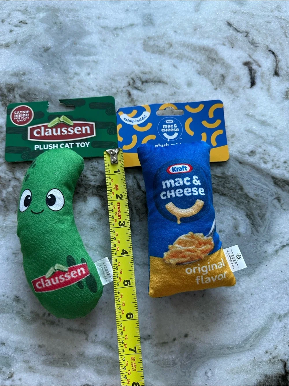 Plush Pickle and mac & cheese, cat toy